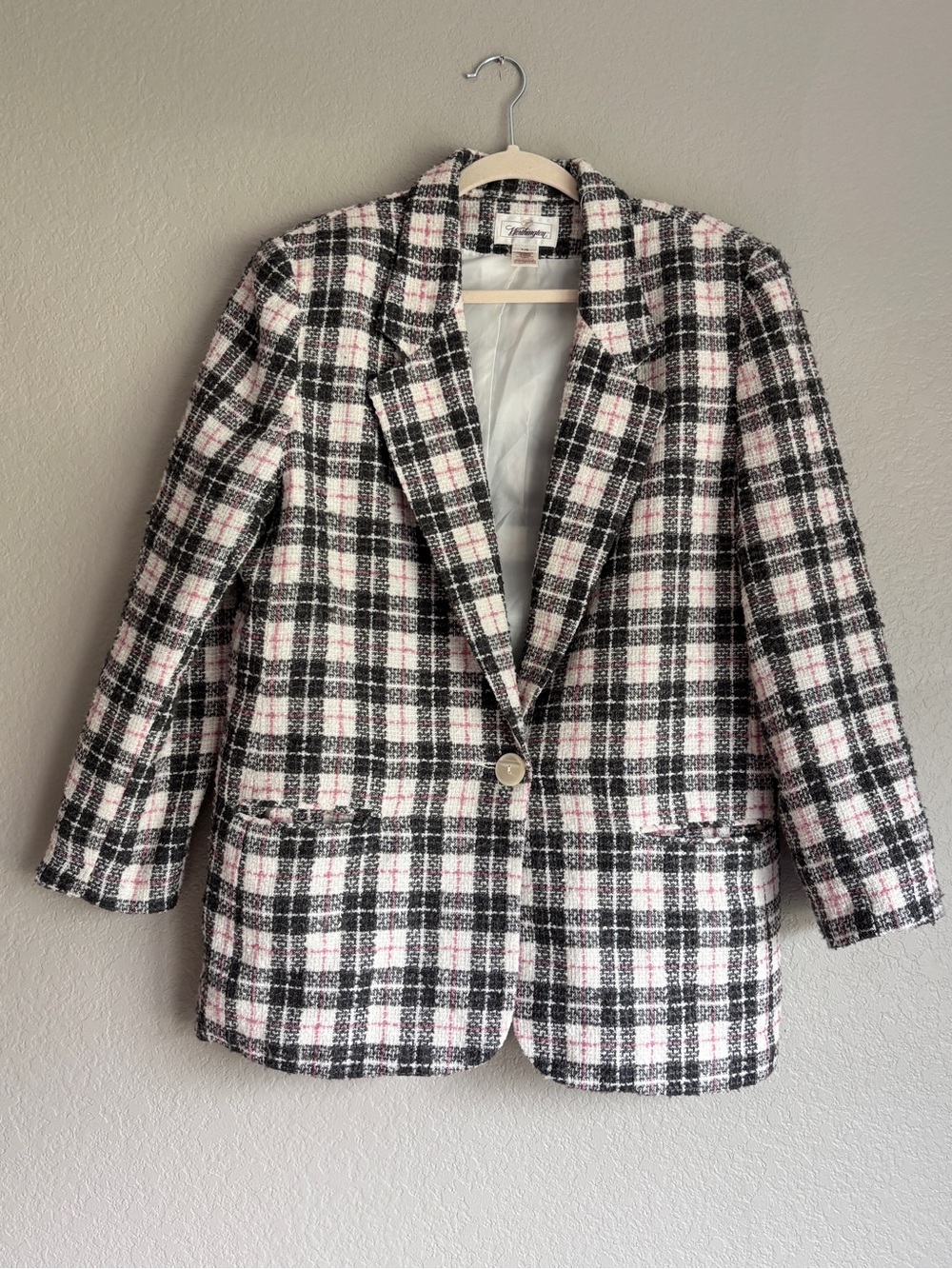 Worthington Plaid Tweed Blazer in Black, White & Pink women’s 14